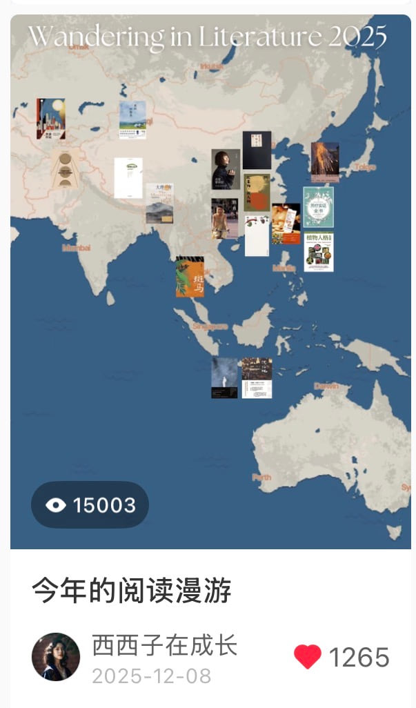 The original Wandering in Literature post on Xiaohongshu, showing 15,003 views and 1,265 likes